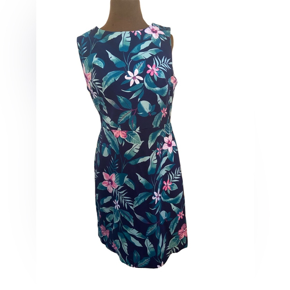 Navy Tropical Knit Sheath Dress
